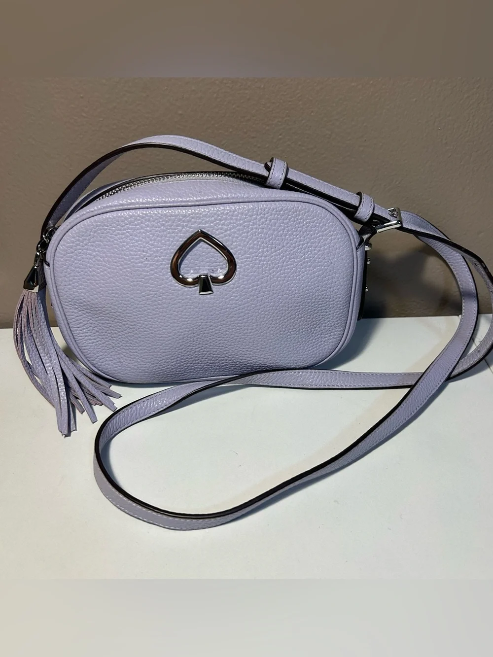 Kate Spade Kourtney Lavender Pebbled Crossbody Tassel Bag Silver Zip Top